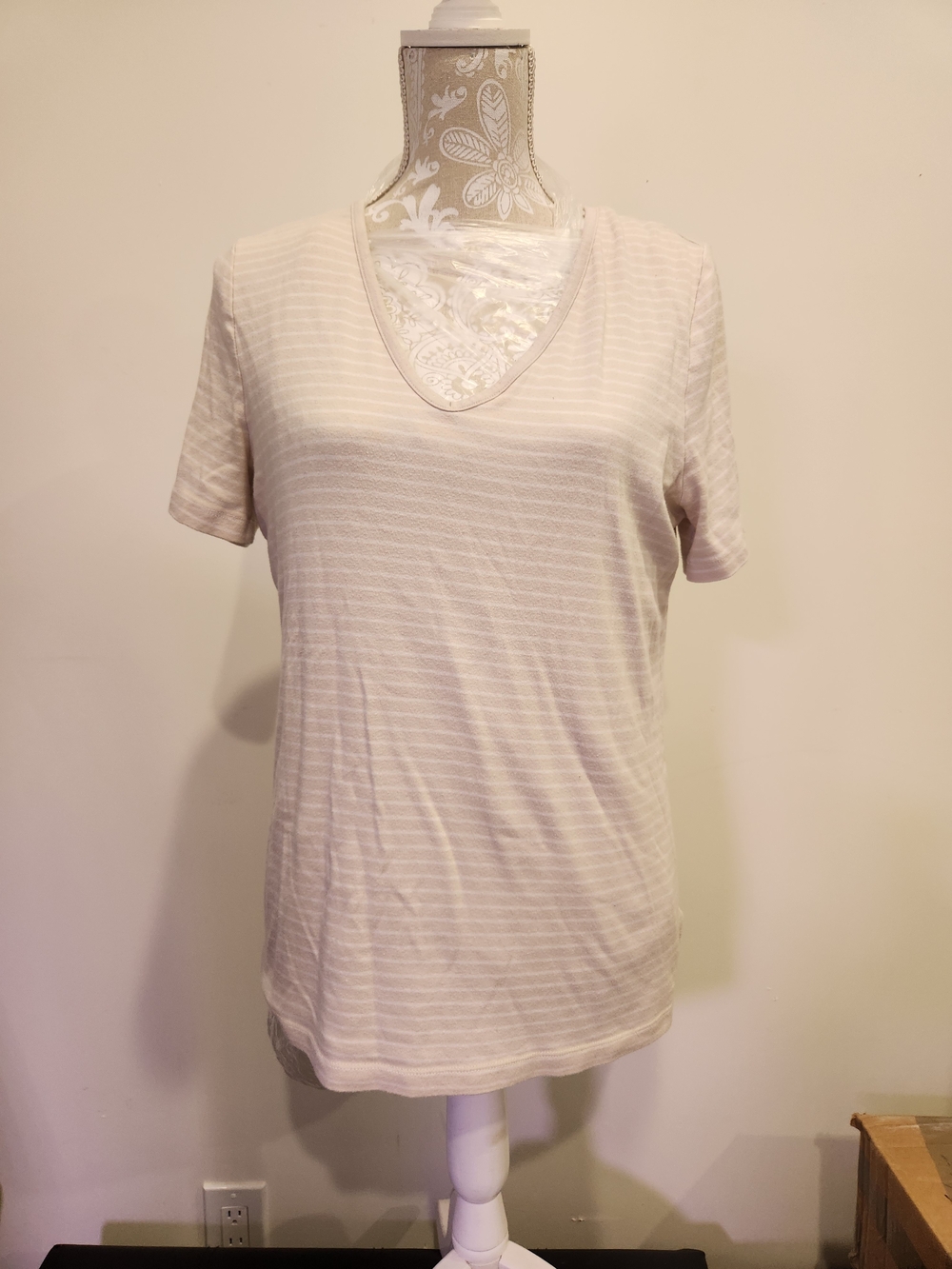 a new day Light Beige Striped V-Neck Short Sleeve Tee